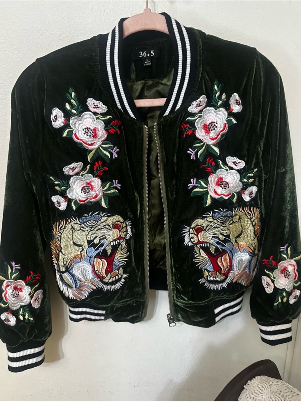 Embroidered Velvet Bomber Jacket - Olive Green Vintage Y2K